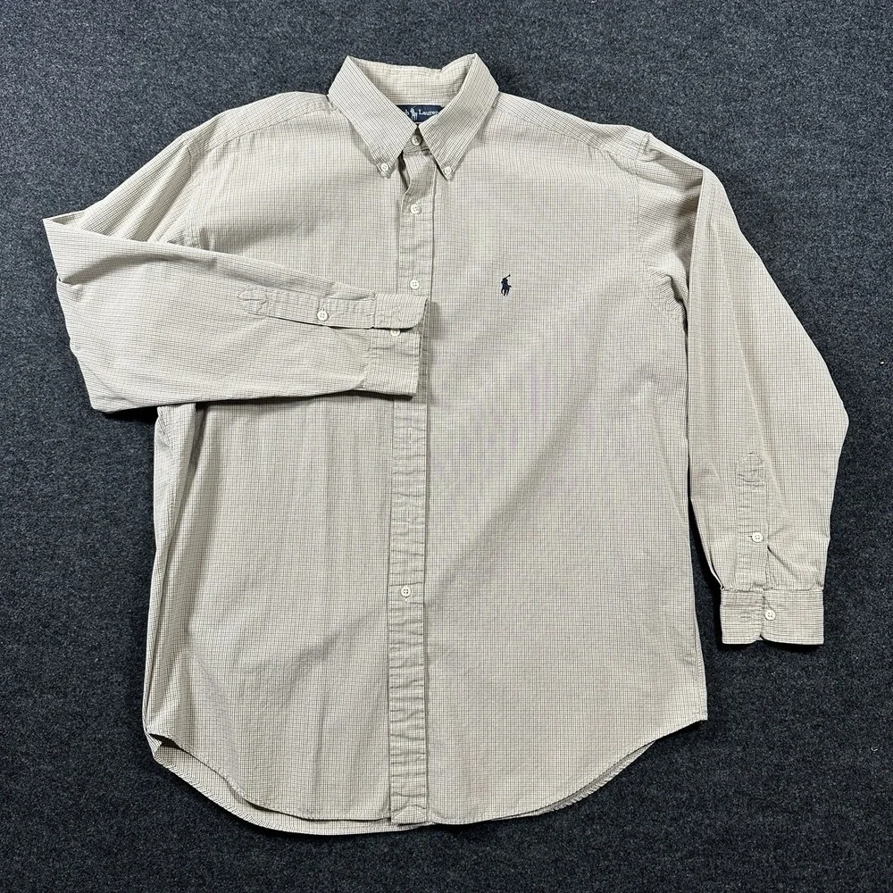 Polo Ralph Lauren Shirt Blake SZ L Tan White Striped Button Down Cotton‎ Relaxed